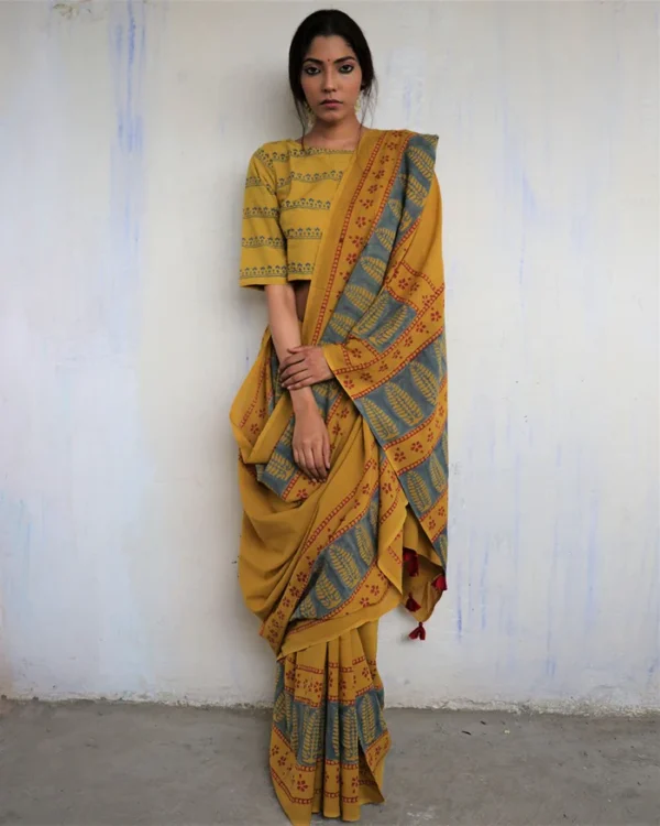 Mustard Block Printed Cotton Mul Saree - God