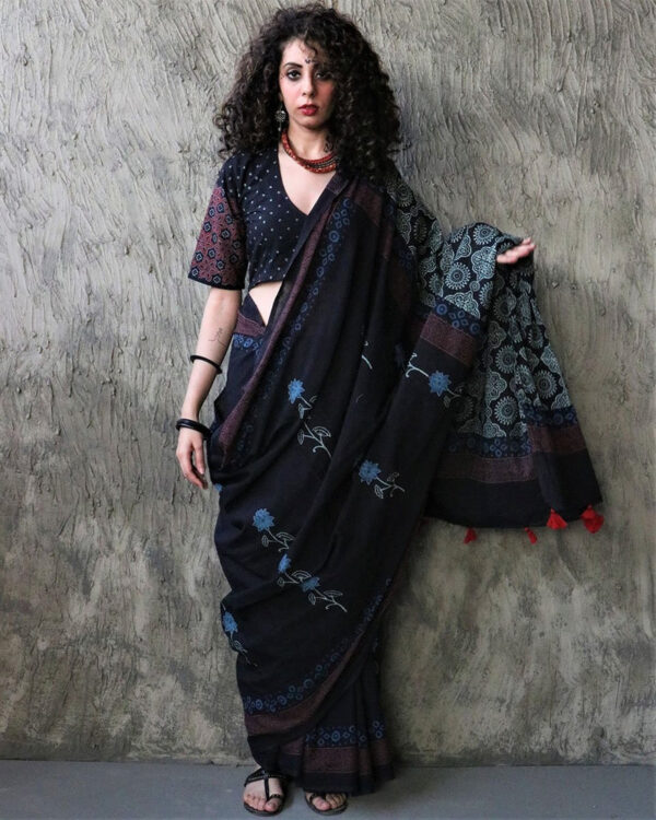 Oriana Handblockprinted Cotton Saree - Kohl